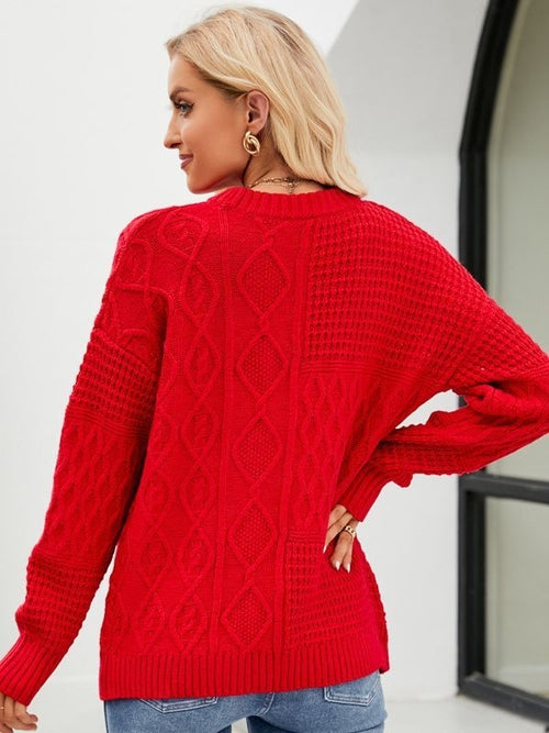 Casual Round-neck Pullover Sweater Fall Winter Solid Color Cable-knot