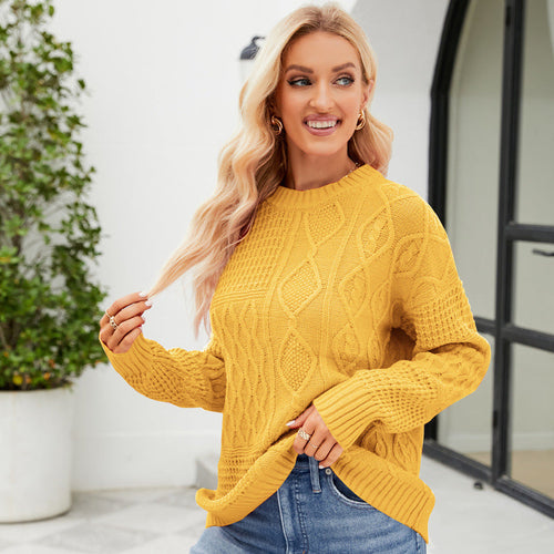 Casual Round-neck Pullover Sweater Fall Winter Solid Color Cable-knot