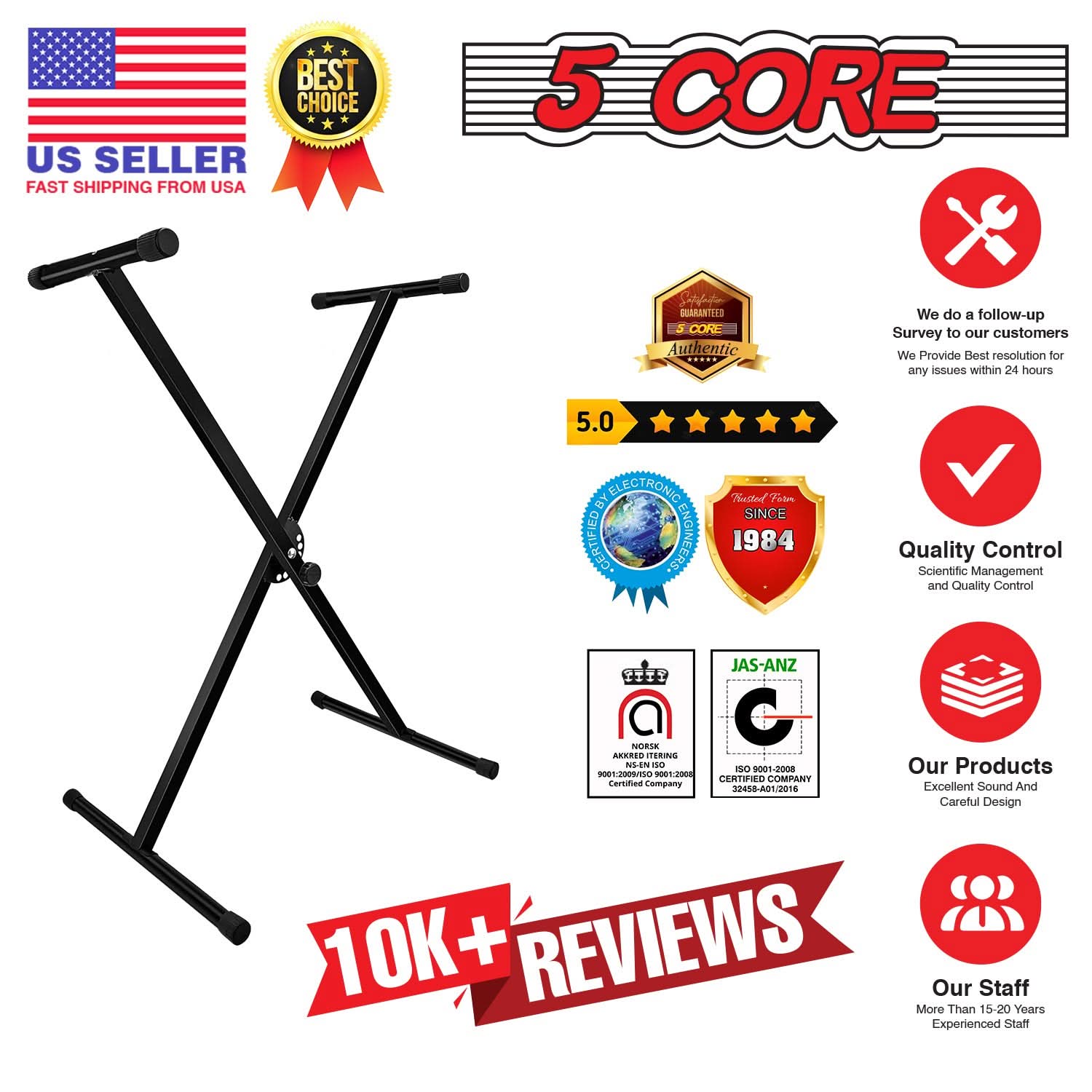 5Core Keyboard Stand Single X Style Adjustable Lift Piano Riser For 49 To 88 Keys BLACK-3