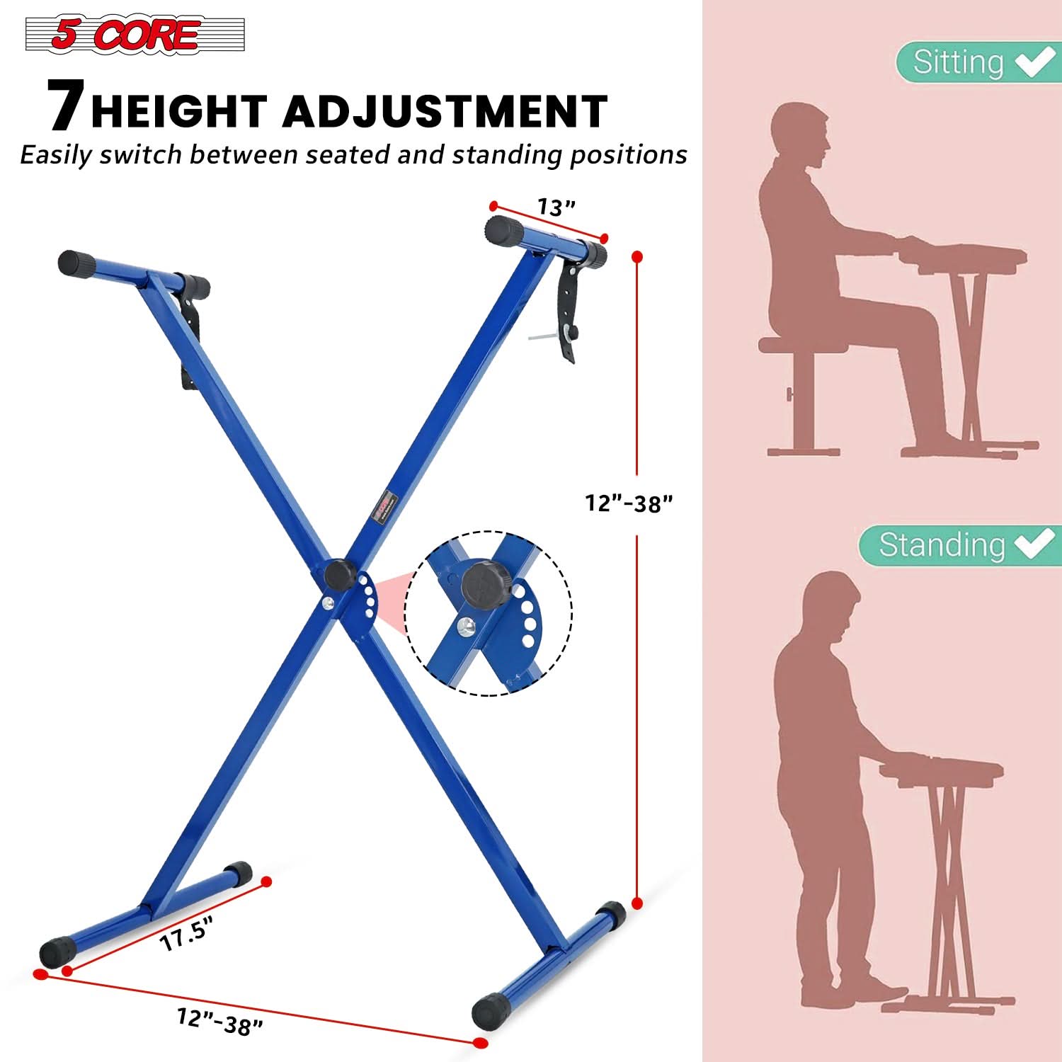 5Core Keyboard Stand Single X Style Adjustable Lift Piano Riser For 49 To 88 Keys BLUE-1