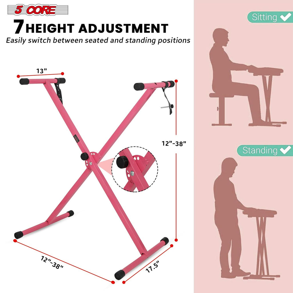 5Core Keyboard Stand Single X Style Adjustable Lift Piano Riser For 49 To 88 Keys PINK-1