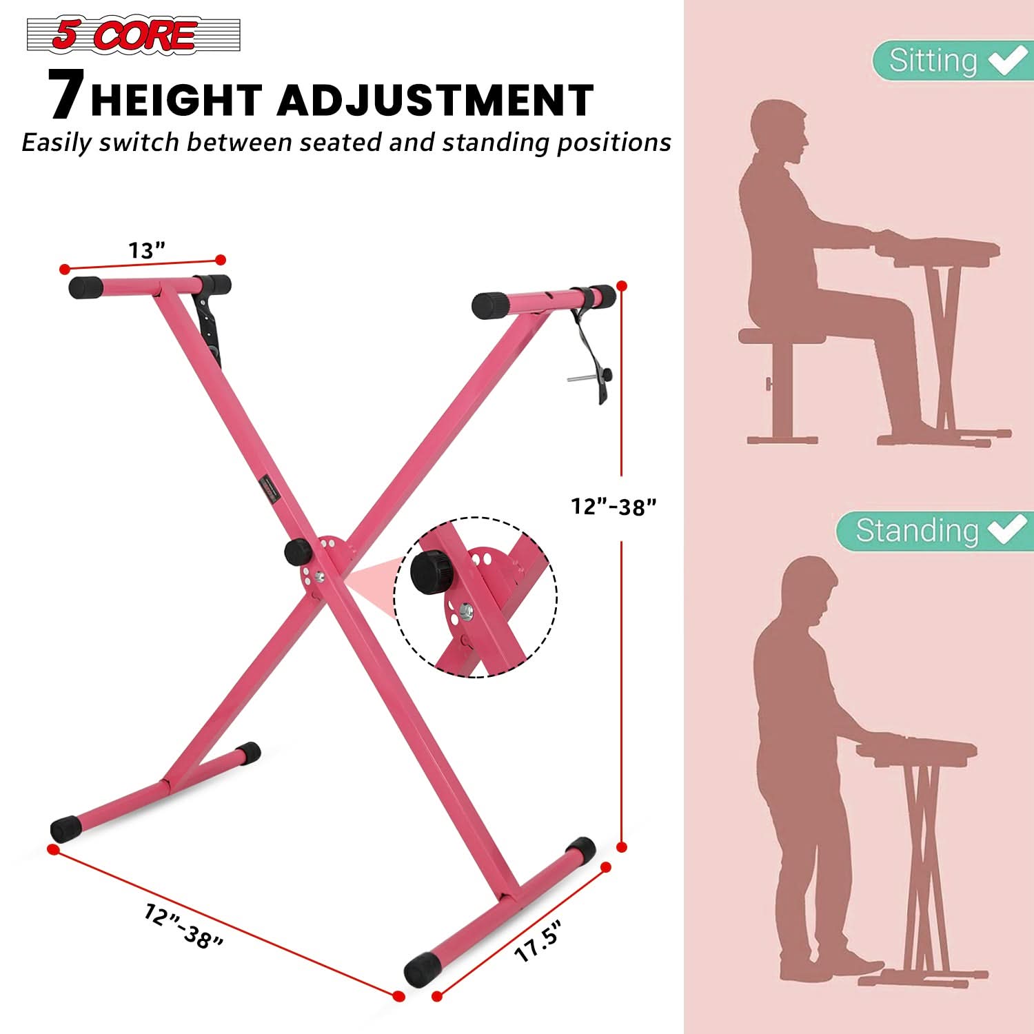 5Core Keyboard Stand Single X Style Adjustable Lift Piano Riser For 49 To 88 Keys PINK-1