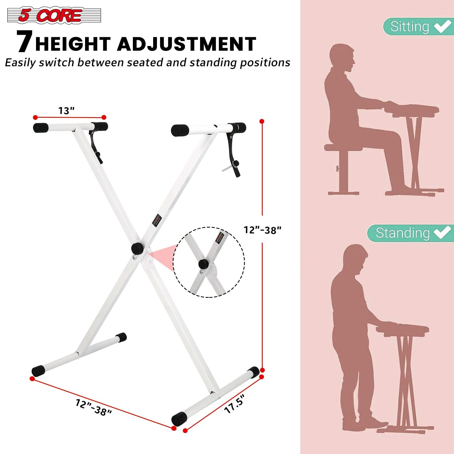 5Core Keyboard Stand Single X Style Adjustable Lift Piano Riser For 49 To 88 Keys WHITE-1