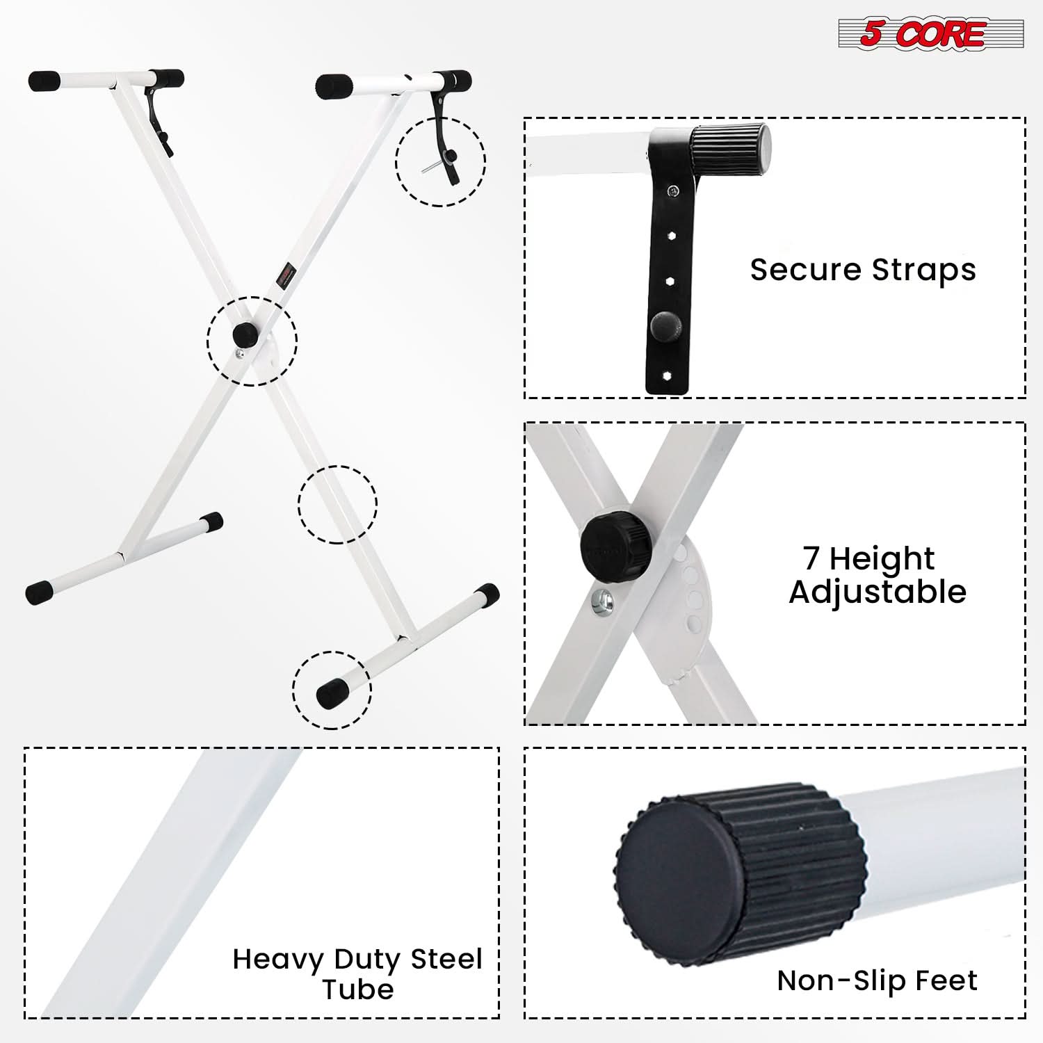 5Core Keyboard Stand Single X Style Adjustable Lift Piano Riser For 49 To 88 Keys WHITE-3