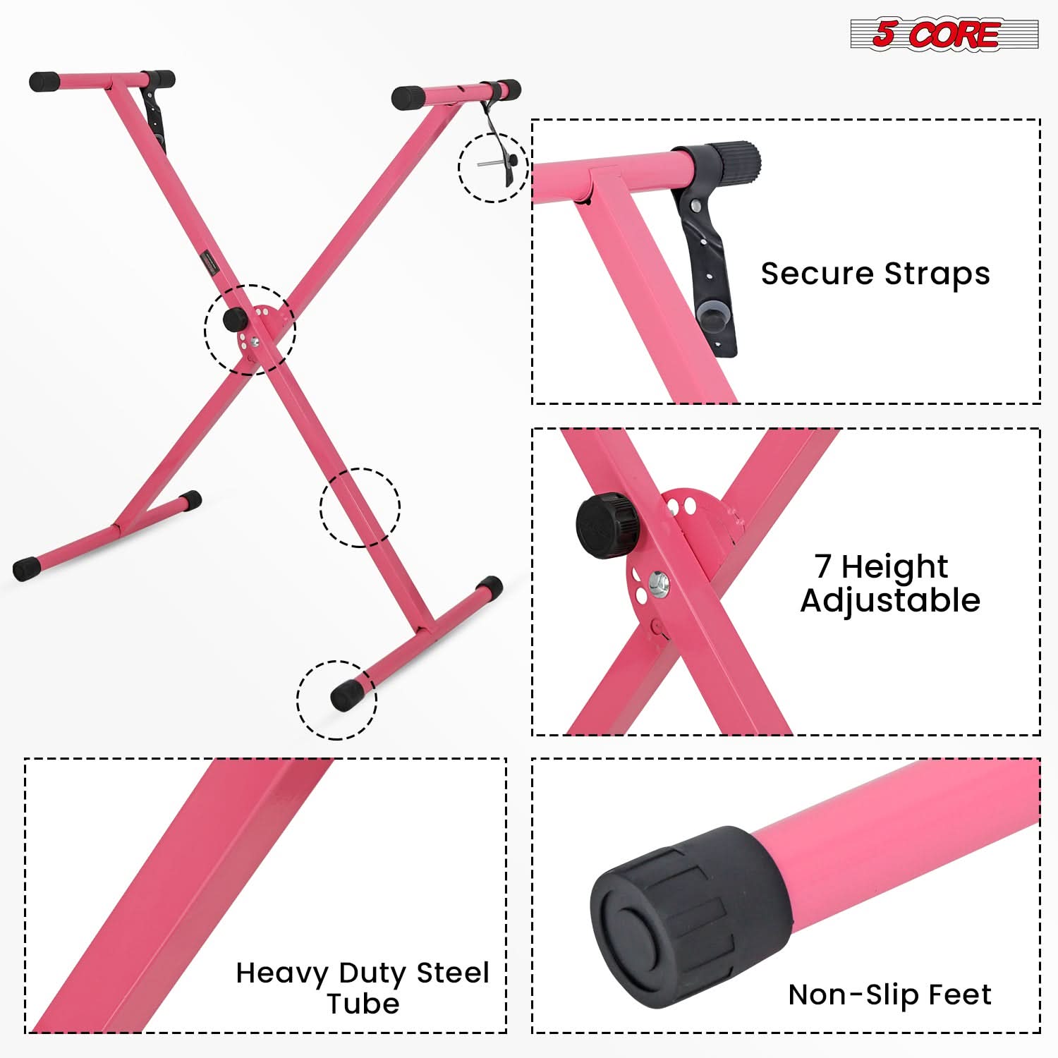 5Core Keyboard Stand Single X Style Adjustable Lift Piano Riser For 49 To 88 Keys PINK-4