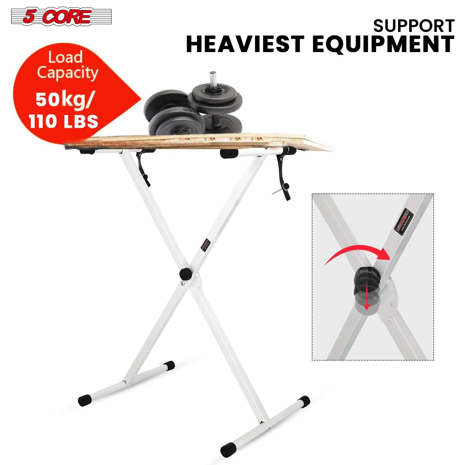 5Core Keyboard Stand Single X Style Adjustable Lift Piano Riser For 49 To 88 Keys WHITE-4