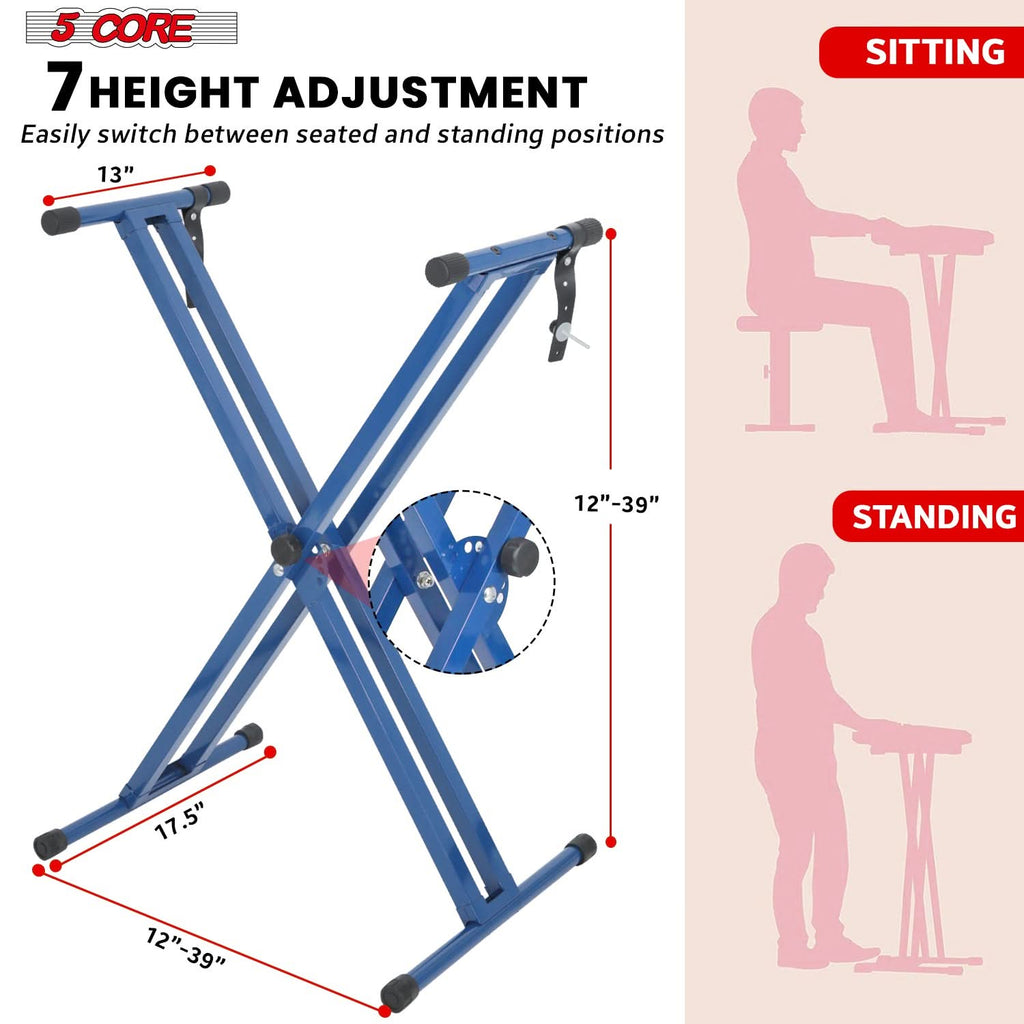 5Core Keyboard Stand Double X Style Adjustable Lift Piano Riser For 49 To 88 Keys BLUE-1