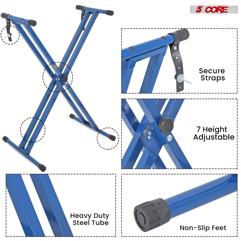 5Core Keyboard Stand Double X Style Adjustable Lift Piano Riser For 49 To 88 Keys BLUE-2