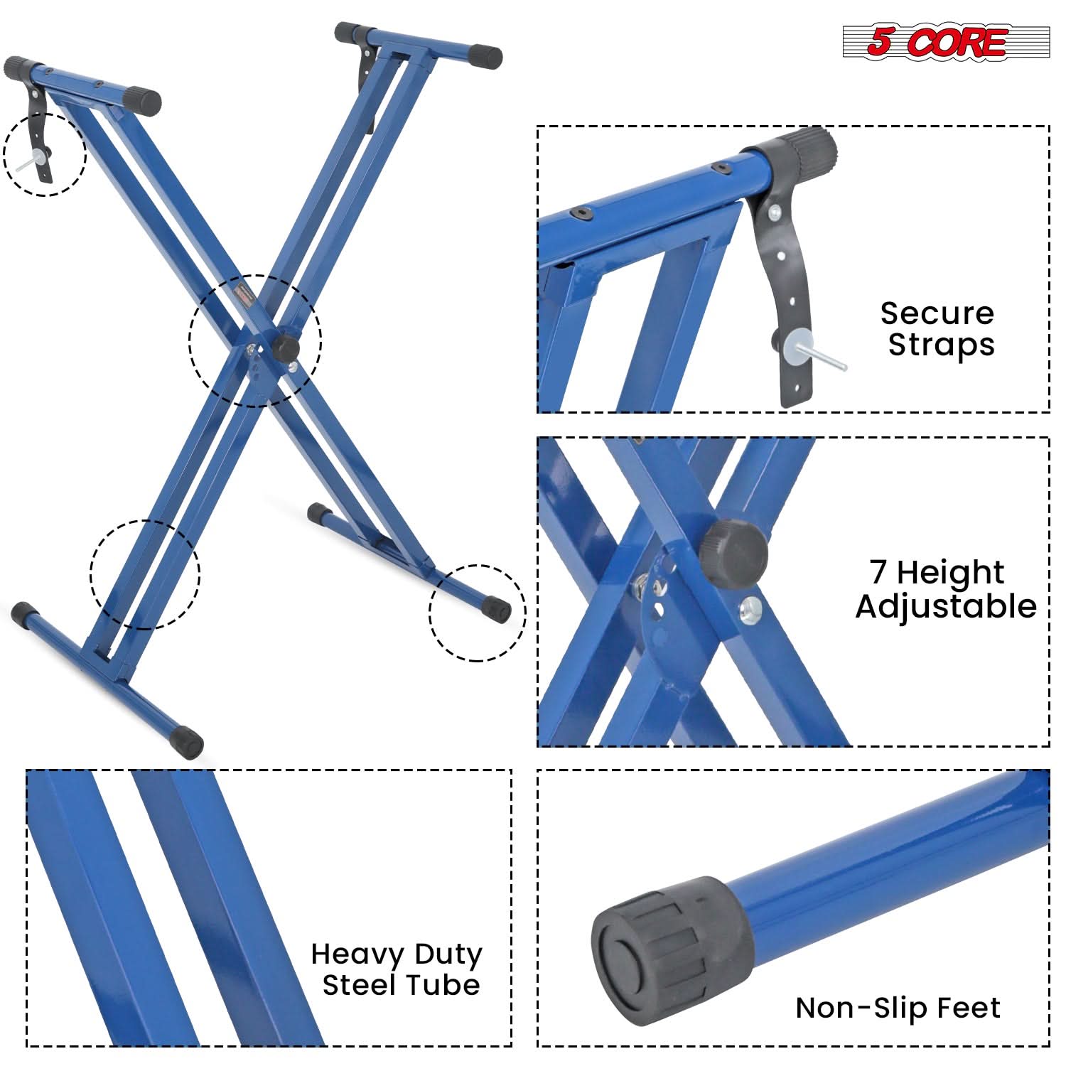 5Core Keyboard Stand Double X Style Adjustable Lift Piano Riser For 49 To 88 Keys BLUE-2