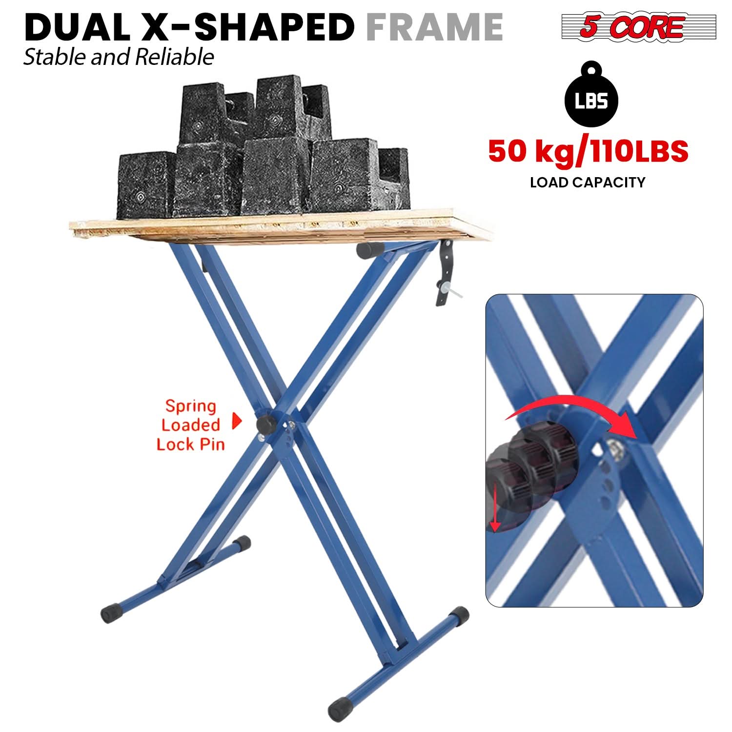 5Core Keyboard Stand Double X Style Adjustable Lift Piano Riser For 49 To 88 Keys BLUE-3