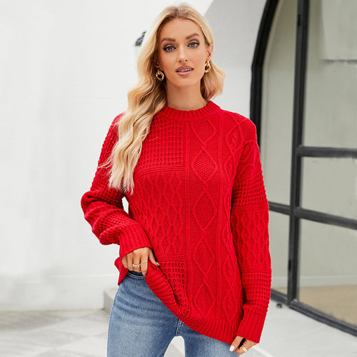 Casual Round-neck Pullover Sweater Fall Winter Solid Color Cable-knot